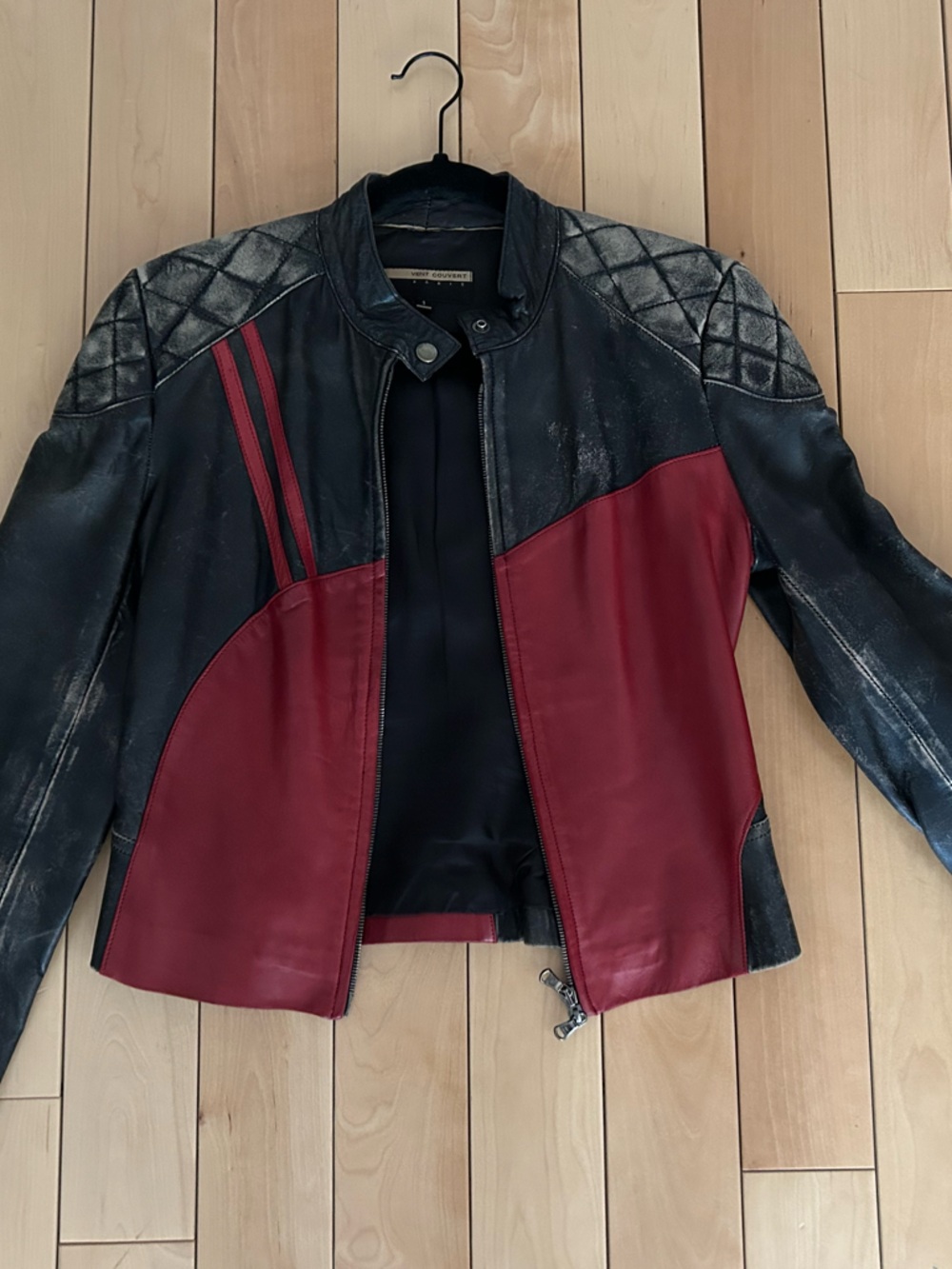 Ventcouvert paris Women's Black and Burgundy Leather Moto Jacket